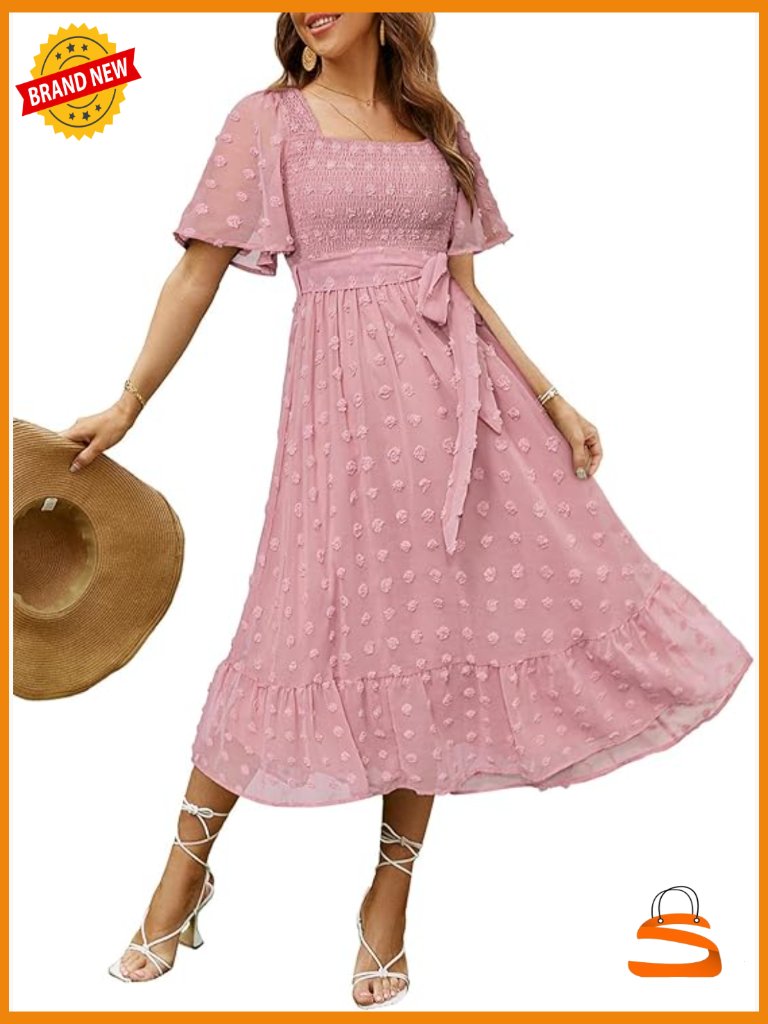 Square Neck Flowy Midi Dress Smocked Cocktail Guest